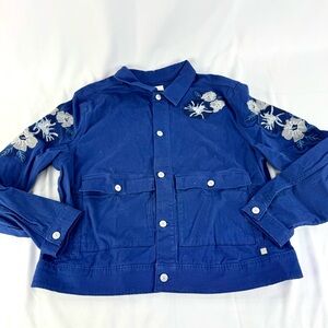 Lularoe Royal Blue Floral Embroidered Cotton Kenny Button Down Jacket woman 2X